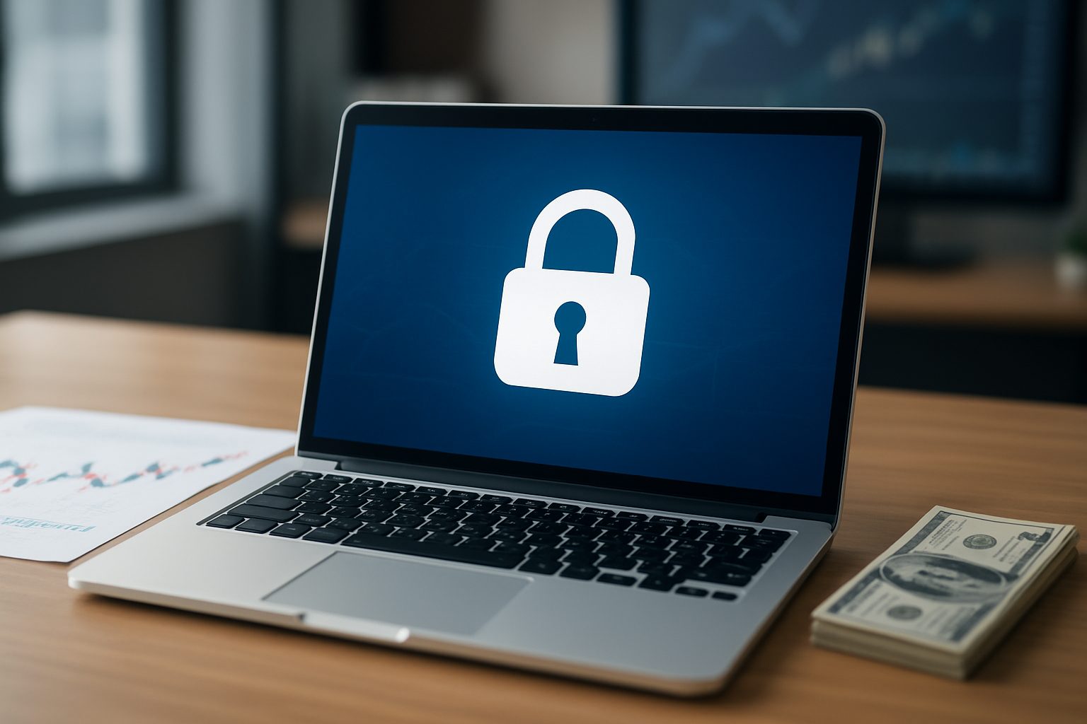 A laptop displaying a padlock symbol on its screen, symbolizing secure account access, with money and a chart in the bac