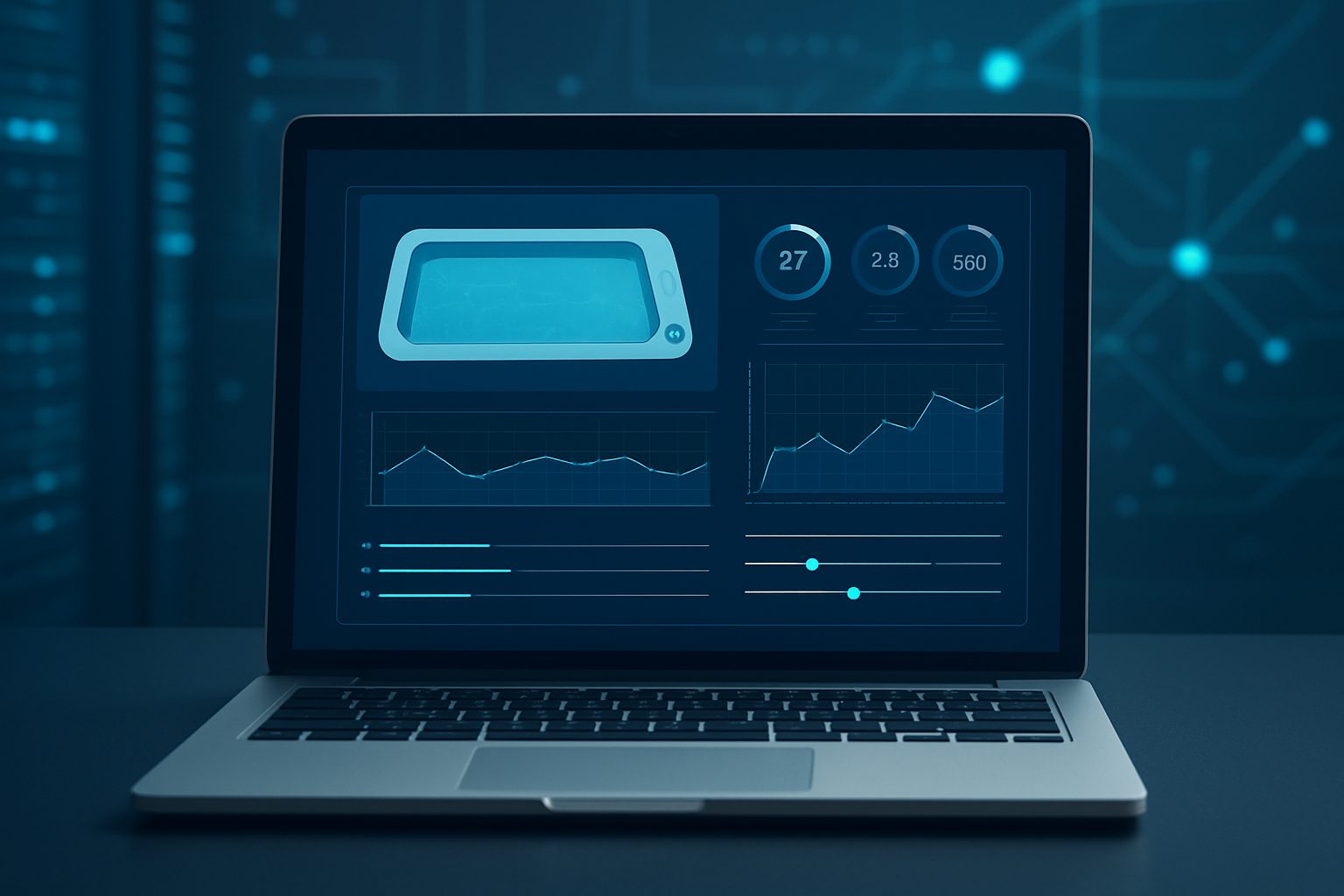 A laptop displaying a data dashboard with graphs and metrics related to pool automation services.