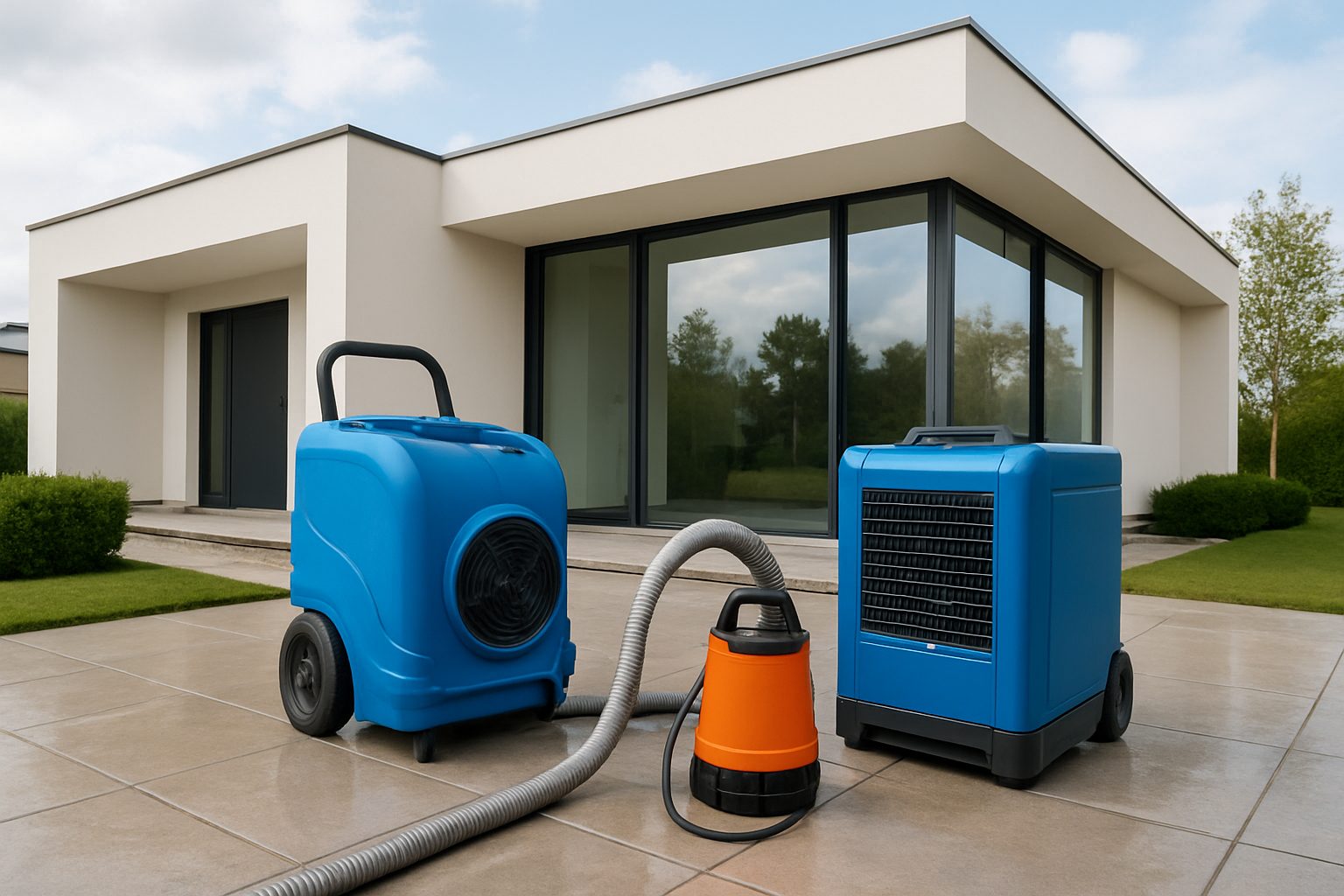 Water removal equipment on a patio in front of a modern house